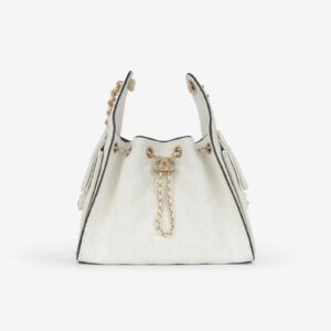 Luxury White Woven Bucket Handbag with Gold Chain