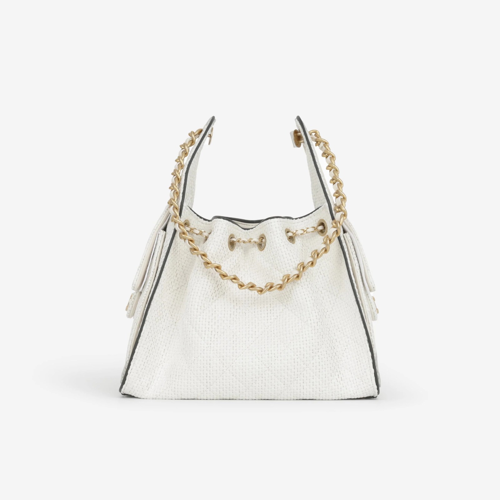 Luxury White Woven Bucket Handbag with Gold Chain - Image 3